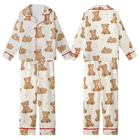 Dreamy Comfort for Gentle Souls: Whimsical Teddy Bears & Sleepy Poses - Cozy Wear Kid Satin Pajamas Set