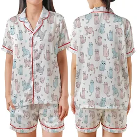 Feline Fan's Whimsical Pastel Cartoon Cats: Curious, Stretching, Sitting Figures All-Over Print Satin Short-Sleeve Pajamas Set