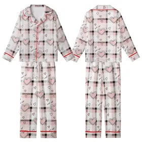 Gentle Plaid: Sweet Dreams Hearts & "Good Night" Text Design in Pink, Black, White, Charcoal Grey Kid Satin Pajamas Set