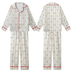 Playful Comfort Tunic: Beige & Off-White Stripes with Teal Bow & Heart Pattern Kid Satin Pajamas Set