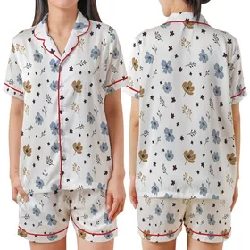 Minimalist Botanical Delicate Ash Blue Taupe Plum Sprigs Pure White Top Kid Satin Pajamas Set