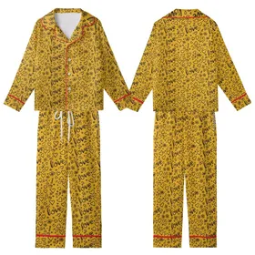 Whimsical Soul's Yellow Hand-Drawn Love Script, Scattered Outline Hearts, Flowers, Stars Piece Kid Satin Pajamas Set