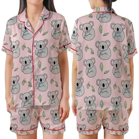 Koala Lover's Playful Grey Cartoony Koalas Pink & Blue Bowties Pastel Pink Eucalyptus Pattern Satin Short-Sleeve Pajamas Set