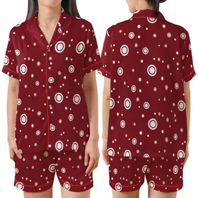 Modern Style: Deep Cranberry Red Organically Scattered Varying-Size White Circles Sweater Satin Short-Sleeve Pajamas Set