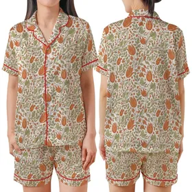 Hand-Drawn Vintage Botanical Foliage Blooms: Rusty Orange Sage Green Tulip Design Satin Short-Sleeve Pajamas Set