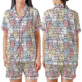 Feline Fanatic's Whimsical Cat Pattern - Dusty Rose Pastel Adornment Satin Short-Sleeve Pajamas Set