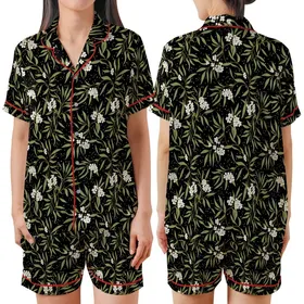 Nature Lover's Elegant Motif: Intertwined Olive Leaves & White Blossoms on Deep Black Wearable Design Satin Short-Sleeve Pajamas Set