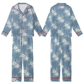 Women's Elegant Rose Bloom: Dusty Blue & White Painterly Botanical Pajama Set Kid Satin Pajamas Set