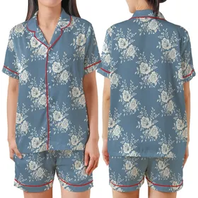 Women's Elegant Rose Bloom: Dusty Blue & White Painterly Botanical Pajama Set Satin Short-Sleeve Pajamas Set