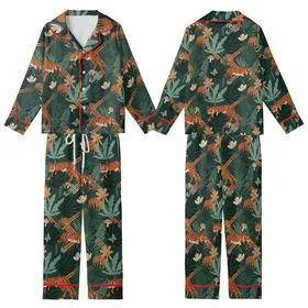 Nature Lover's Vintage Forest Green Jungle: Orange Black Tiger Leopard & Butterfly Motif - Unique Design Kid Satin Pajamas Set