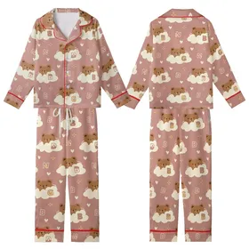 Whimsical Bear Cloud Fantasy: Dusty Rose Hearts Starburst Alphabet Wearable Art Kid Satin Pajamas Set