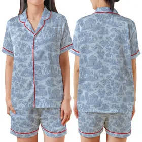 Classic Toile de Jouy: Serene Pastoral Scene & Blue Botanical Pattern Satin Short-Sleeve Pajamas Set