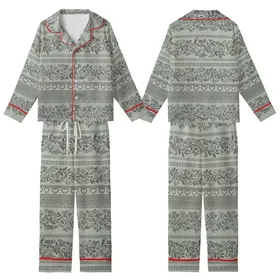 Folkloric Charm: Sage Green & Charcoal Gray Greek Key Vine Heart Bands - Textile Pattern Kid Satin Pajamas Set