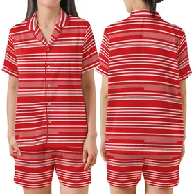 Dynamic Style: Vibrant Red & White Multi-Width Horizontal Stripes - Fashion Piece Satin Short-Sleeve Pajamas Set