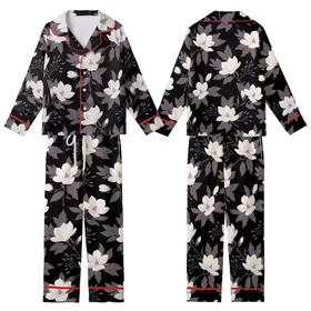 Women's Elegant Off-White Pink Magnolia Lavender Botanical Black Background Print Loungewear Item Kid Satin Pajamas Set
