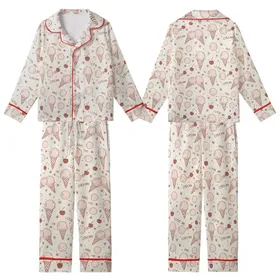 Sweet Tooth Enthusiast Whimsical Pink Ice Cream Cone Scoop Cherry Pattern Kid Satin Pajamas Set