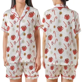 Festive Winter Charm: Pure White Candy Cane Cocoa Mug Berry Anise Snowflake Loungewear Satin Short-Sleeve Pajamas Set