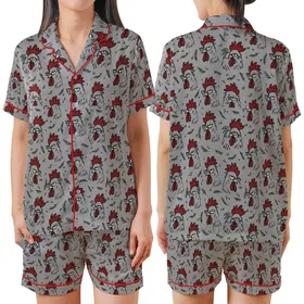 Grumpy Rooster All-Over Design: Sketchy Red & Black Fowl Heads Satin Short-Sleeve Pajamas Set