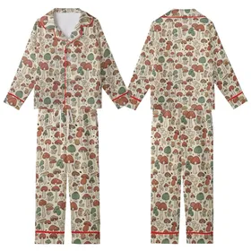 Nature Lover's Whimsical Hand-Drawn Mushroom Pattern: Earthy Terracotta & Sage Fungi Design Kid Satin Pajamas Set