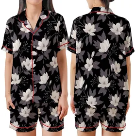 Women's Elegant Off-White Pink Magnolia Lavender Botanical Black Background Print Loungewear Item Satin Short-Sleeve Pajamas Set