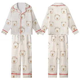 Cozy Bear Lover's Charming Hand-Drawn Brown & Pink Plaid Motif Kid Satin Pajamas Set