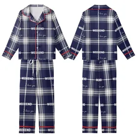 Weekend Lover's Navy Tartan Plaid 'I Love You' & 'WEEKEND' Fashion Piece Kid Satin Pajamas Set