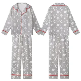 Cosmic Dreamer: White Monochromatic Stars Moon Planets All Over Print Design on Heather Grey Kid Satin Pajamas Set