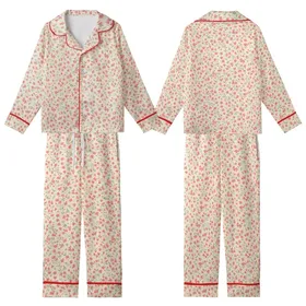 Women's Delicate Wildflower Loungewear - Ditsy Coral Rose Pink Sage Green Kid Satin Pajamas Set