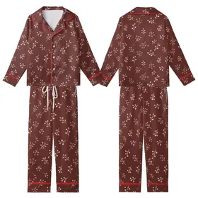 Retro Style Enthusiast's Tiny Cream Leaf & Berry Scatter on Deep Reddish-Brown Hand-Drawn Design Kid Satin Pajamas Set