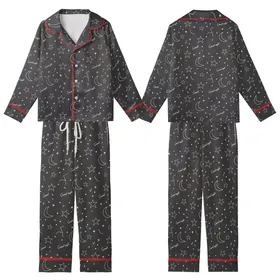 Celestial Dreamer's White Line Art Stars Moon 'Good Night' Script Sleep Set Kid Satin Pajamas Set