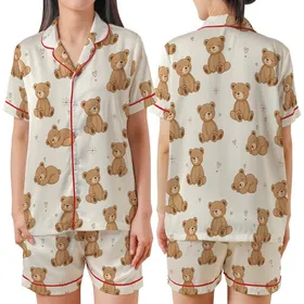 Dreamy Comfort for Gentle Souls: Whimsical Teddy Bears & Sleepy Poses - Cozy Wear Satin Short-Sleeve Pajamas Set