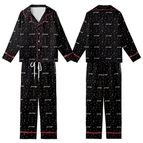 Dreamer's Cozy Wearable: Good Night Script, Crescent Moons & Stars - Minimalist Black White Kid Satin Pajamas Set