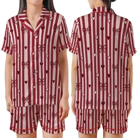 Sweetheart's Delight: Pale Pink Crimson Vertical Stripe Bow & Heart Satin Short-Sleeve Pajamas Set