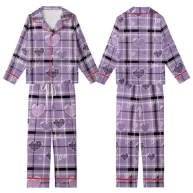 Romantic Lavender Purple Tartan Plaid Love Hearts Script Graphic Wear Kid Satin Pajamas Set