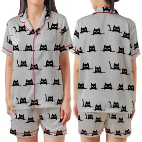 Cat Lover's Playful Peeking Black Cat Pattern - Heather Grey Tee Satin Short-Sleeve Pajamas Set