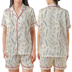 Rustic Wanderer's Delicate Wild Herb & Abstract Bloom Design Satin Short-Sleeve Pajamas Set