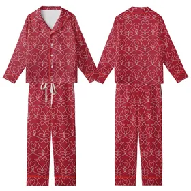 Ruby Red Hearts Motif: Delicate Outlines, Elegant Intertwined White Lines Pattern Kid Satin Pajamas Set