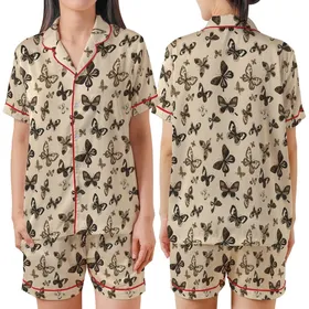 Elegant Style: Delicate Floating Butterflies – Muted Earth Tone Brown & Sepia Wing Motif Satin Short-Sleeve Pajamas Set