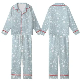 Stargazer's Minimalist White Stars & Moon Pattern - Blue-Grey Celestial Loungewear Kid Satin Pajamas Set