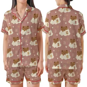 Whimsical Bear Cloud Fantasy: Dusty Rose Hearts Starburst Alphabet Wearable Art Satin Short-Sleeve Pajamas Set