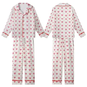 Women's Soft Rose Pink Hearts, Delicate Outlines & Vibrant Polka Dots on Subtle Pinstripe Satin Short-Sleeve Pajamas Set