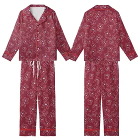Teddy Bear Lover: Minimalist Outline X-Eyed Bear Repeating Design with Light Blue Nose on Deep Burgundy Wearable Art Piece Kid Satin Pajamas Set