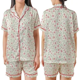 Botanical Enthusiast's Delicate Blush Rose & Sage Leaf Field on Creamy White Nature Inspired Style Satin Short-Sleeve Pajamas Set