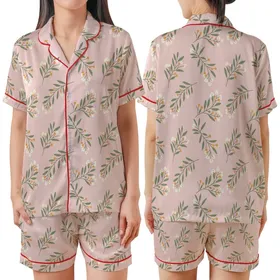 Soft Pink Botanical Sprigs: Olive Leaves, Cream Flowers & Pale Orange Berries Satin Short-Sleeve Pajamas Set