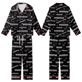 Weekend Lover: Scattered Typographic 'WEEKEND' Pattern with Leisure Icons - Black & White Motif Kid Satin Pajamas Set
