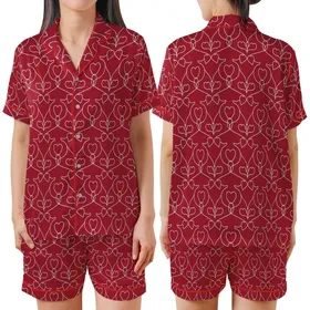 Ruby Red Hearts Motif: Delicate Outlines, Elegant Intertwined White Lines Pattern Satin Short-Sleeve Pajamas Set