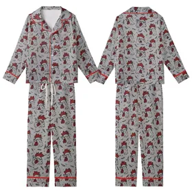 Grumpy Rooster All-Over Design: Sketchy Red & Black Fowl Heads Satin Short-Sleeve Pajamas Set