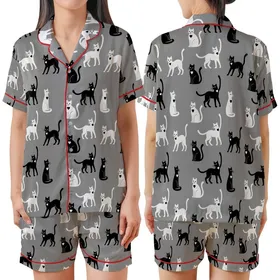 Cat Lover's Heather Grey Crewneck: Playful Black & White Feline Heart Pattern Satin Short-Sleeve Pajamas Set