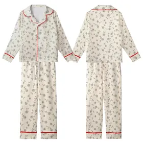 Nature Inspired Scattered Tiny Black Outline Rose Pattern Creamy Off-White Wearable Kid Satin Pajamas Set