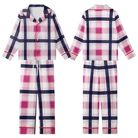 Geometric Plaid: Navy Fuchsia White Pastel Pink Light Grey Varying Width Grid - Wearable Design Item Kid Satin Pajamas Set